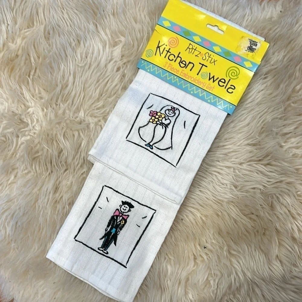 New Ritz Stix Bride and groom wedding 3 piece embroidered towel set kitchen